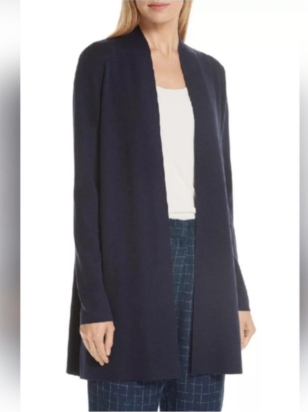 Eileen Fisher Navy Open-Front Long Merino Wool Cardigan - Picture 15 of 15